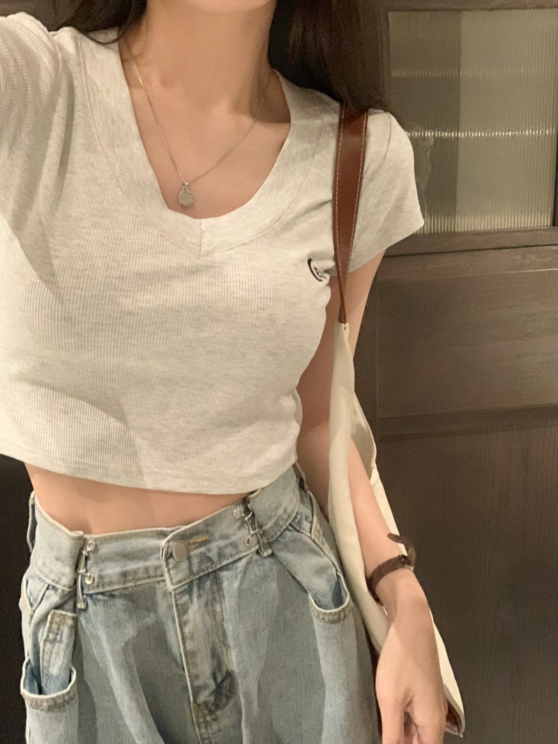 已出貨實拍 40支純棉 2024夏裝刺繡字母高腰短款短袖T恤女V領