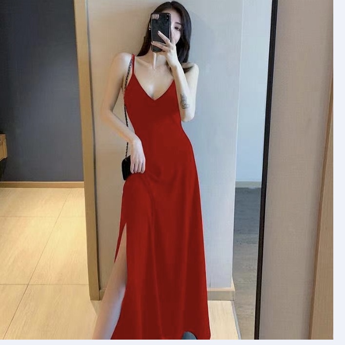 韓版氣質chic風性感細肩帶V領吊帶裙子純色修身長款露背連衣裙女