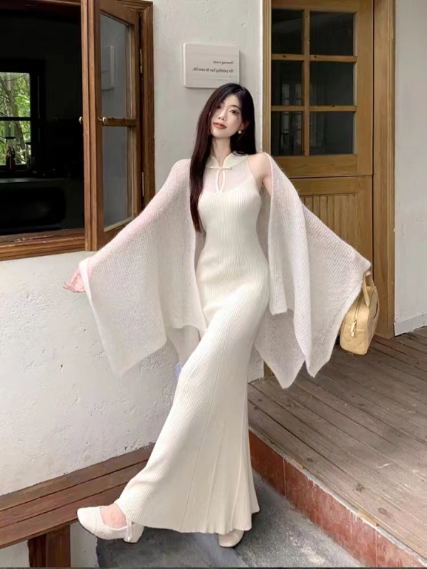 白月光慵懶風披肩開衫女秋設計感魚尾旗袍針織連衣裙