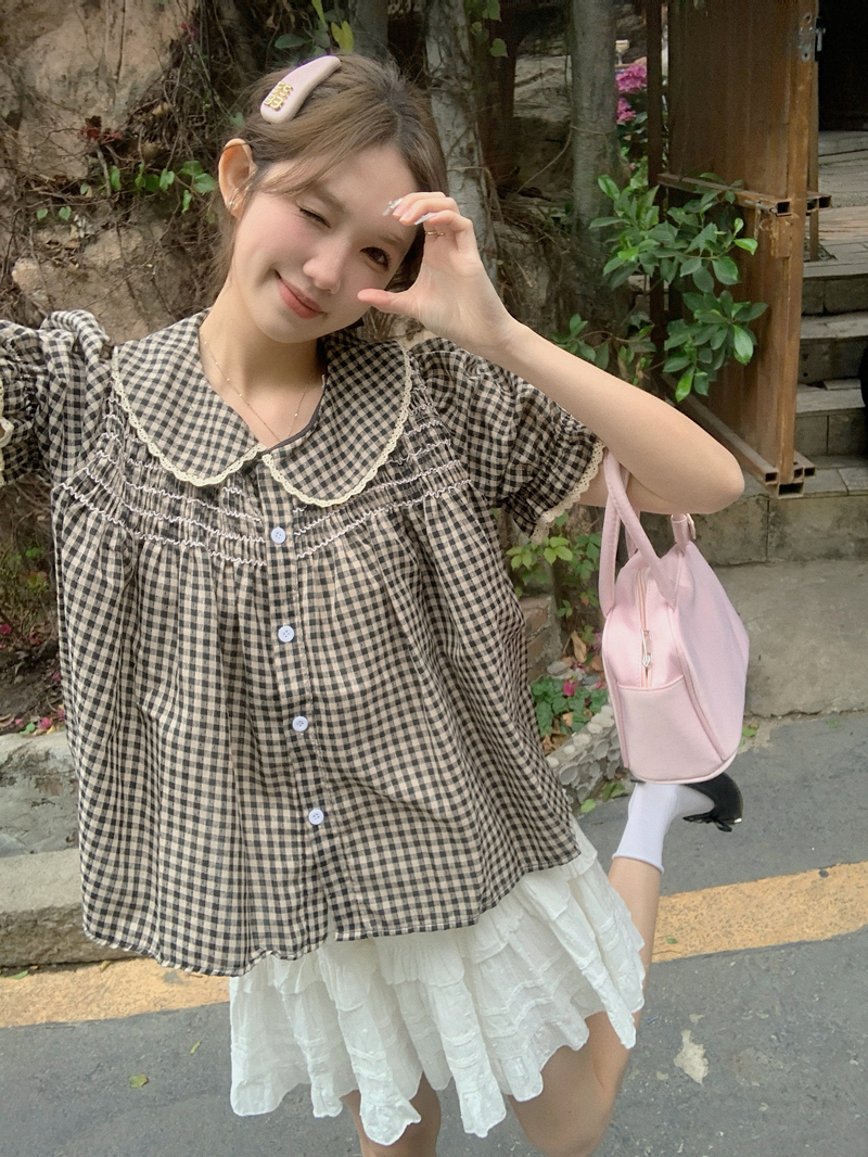 實拍 甜美復古娃娃領泡泡袖格子襯衫女2百搭小眾短袖上衣ins