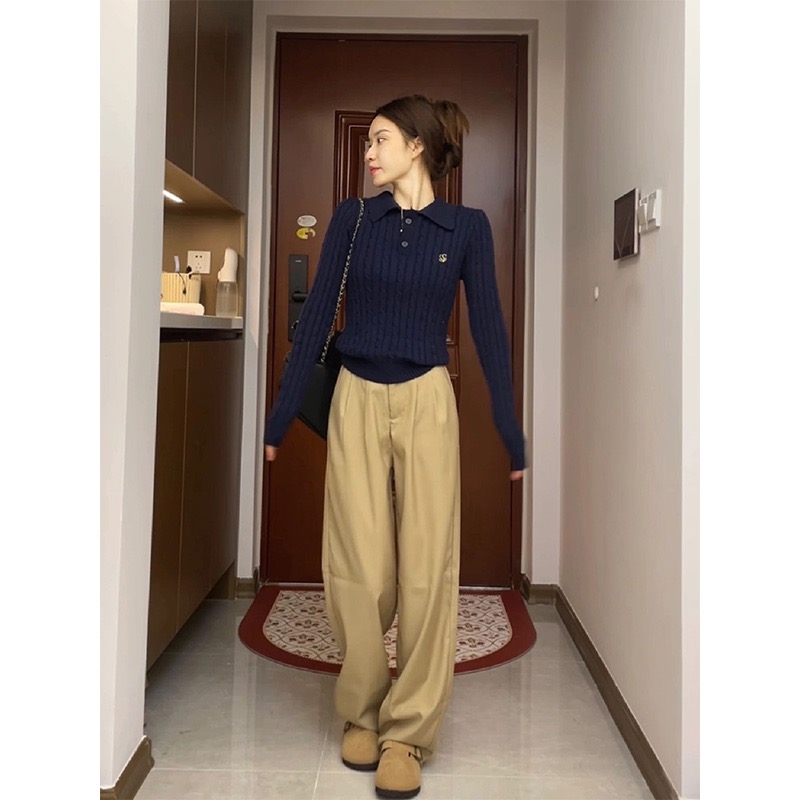 法式內搭polo領長袖打底衫女春秋季軟糯麻花毛衣翻領短款針織上衣