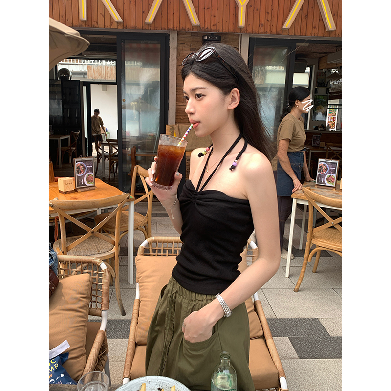 實拍2024夏季度假辣妹性感顯瘦掛脖綁帶串珠吊帶抹胸女