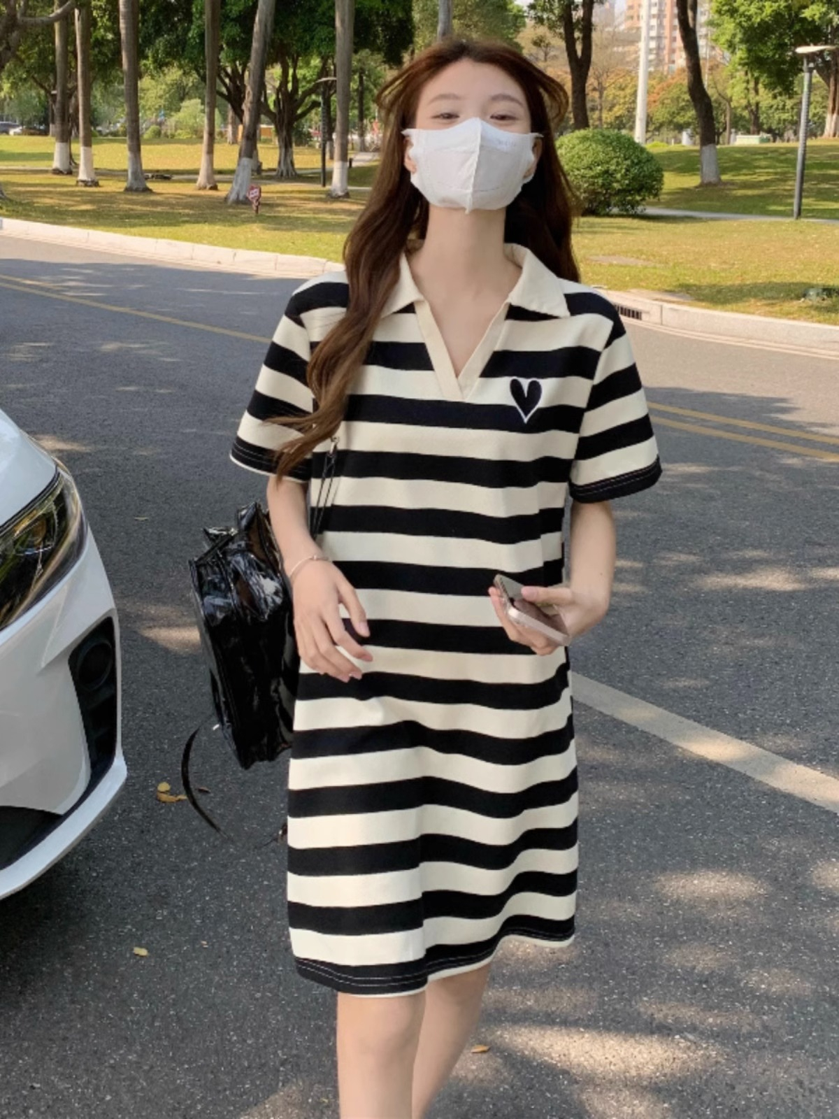 大碼女裝夏裝新款胖妹妹中長款寬鬆顯瘦短袖T恤條紋Polo領連衣裙