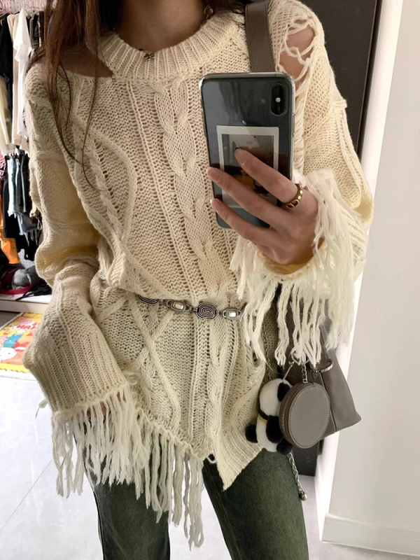 慵懶風長袖毛衣女春季百搭顯瘦上衣小眾設計感破洞流蘇露肩針織衫