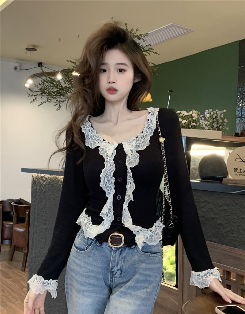 Real shot ~ French lace knitted cardigan 2024 spring new temperament slim pure lust top
