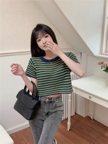 Real shot round neck striped hollow loose short-sleeved sweater T-shirt top for women