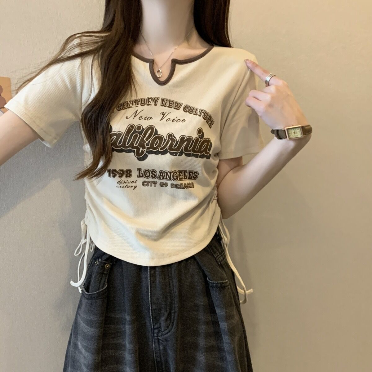 短袖t恤女2024年夏季新款小個子短款美式復古甜辣妹顯瘦抽繩上衣