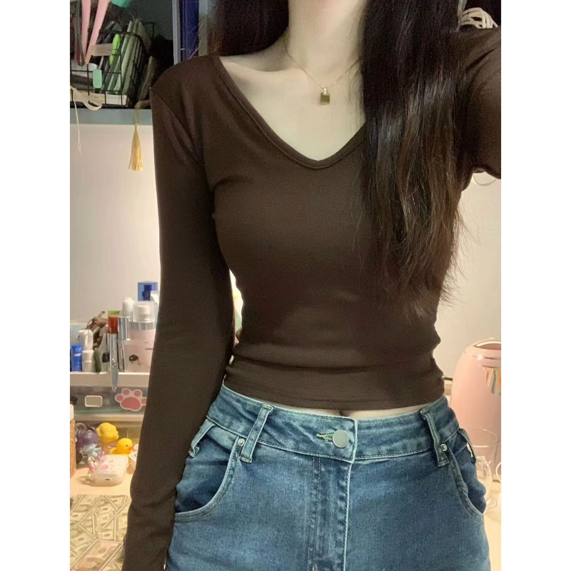 1×1螺紋德絨240克v領長袖t恤女秋冬新款別致小眾短款打底衫潮