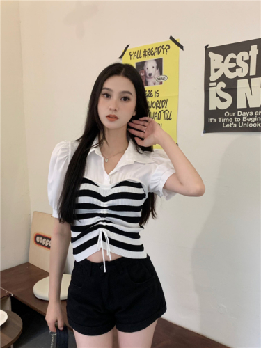 Real shot Polo collar patchwork striped shirt women's short-sleeved drawstring knitted top