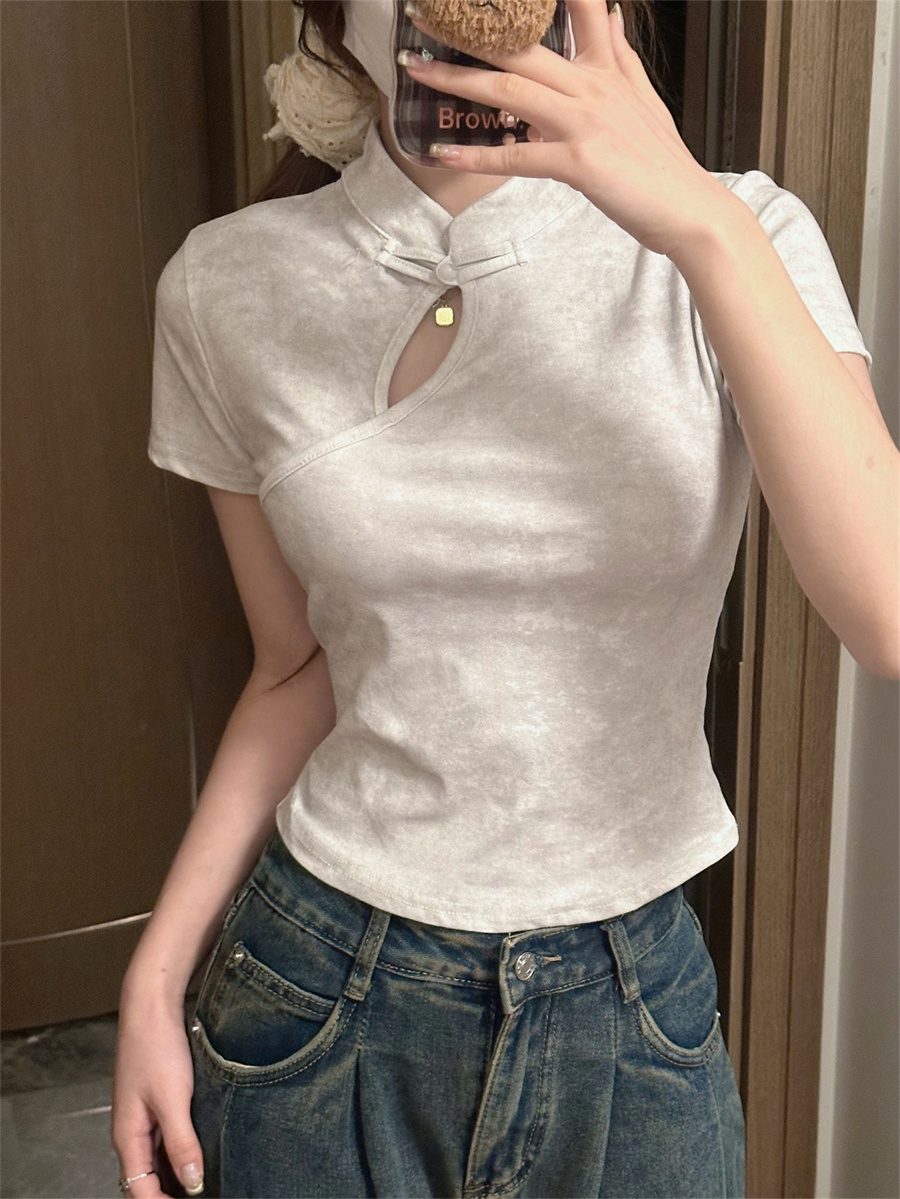 實拍國風盤扣新中式上衣夏立領修身短款甜辣短袖t恤女士