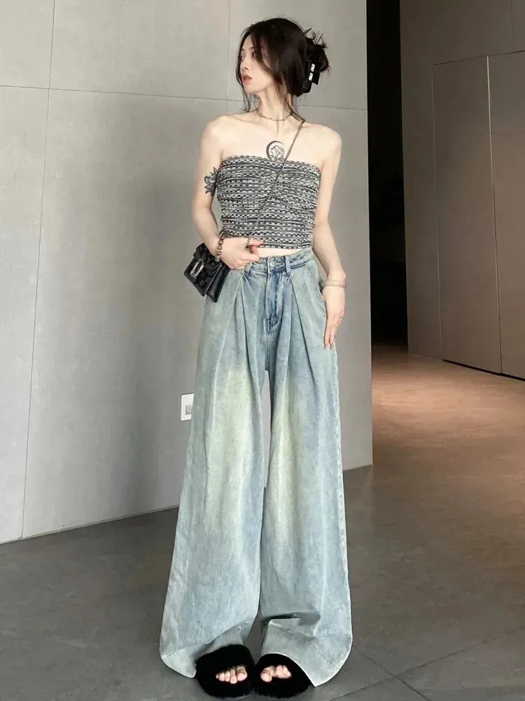 學院甜寵~高個子復古淺藍色牛仔褲女高腰寬鬆闊腿直筒長褲