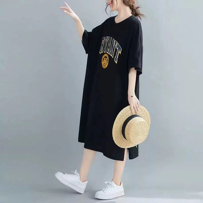 夏季設計感開叉T恤連衣裙女韓系寬鬆短袖裙子
