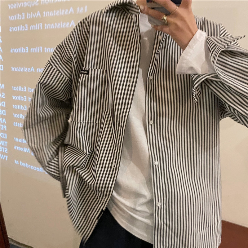 中長款條紋襯衫女春裝法式復古設計感寬鬆慵懶風疊穿長袖襯衣外套