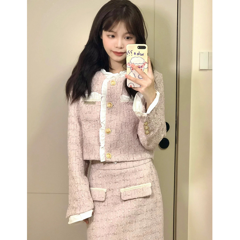 粉色小香風套裝女2024秋冬新款名媛風花邊拼接短款外套高腰半身裙