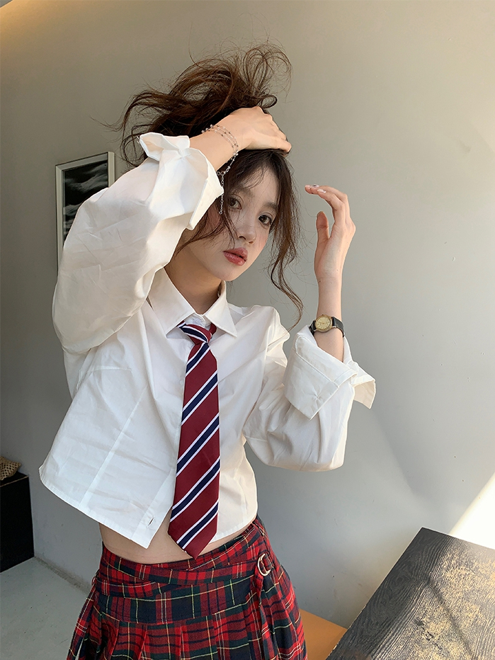 100纖維非酷絲棉白色襯衫女短款學院風長袖簡約百搭顯瘦襯衣