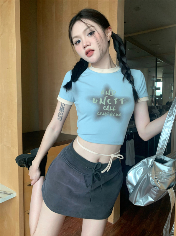 實拍 設計感綁帶星星撞色圓領短款T恤