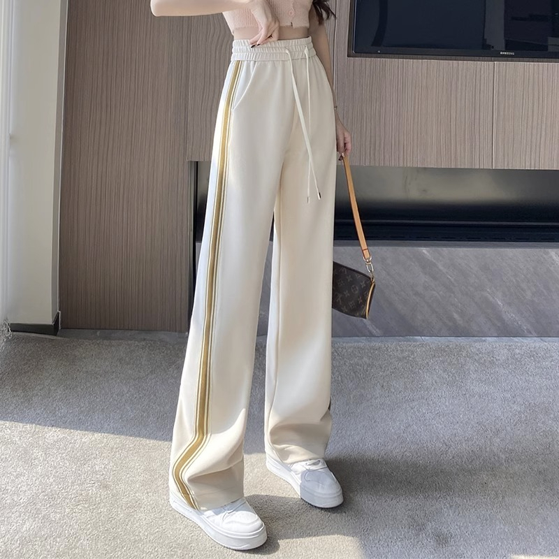 側邊條紋闊腿褲女2024春夏季高腰垂感黑色窄版直筒休閒運動褲