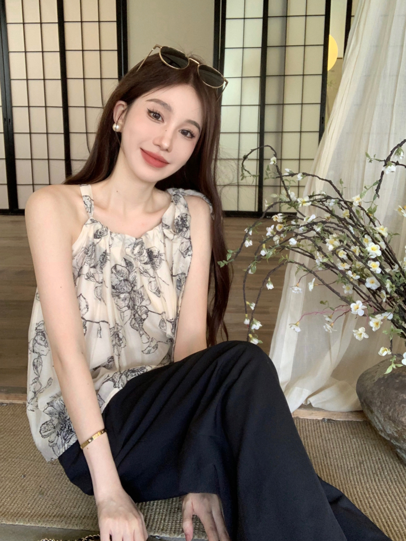 Actual shot of Pinellia Camellia, elegant black and white printed halter top/dress for women with summer design and temperament