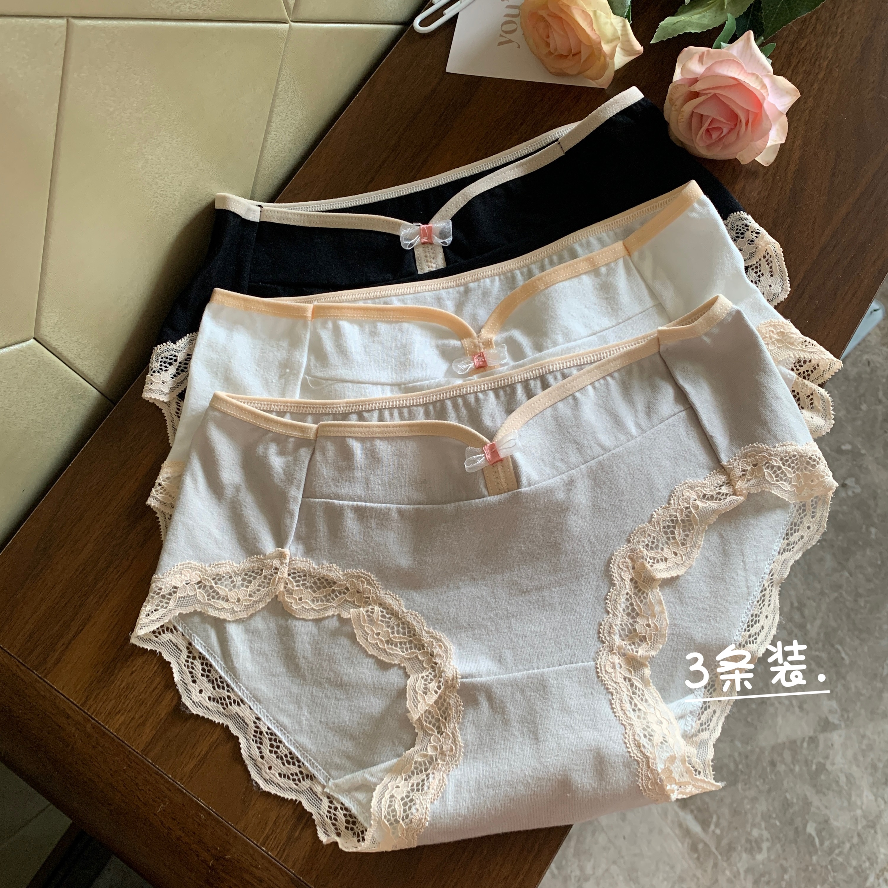 實拍 日系甜美少女內褲性感蕾絲邊純棉透氣低腰三角褲3條裝