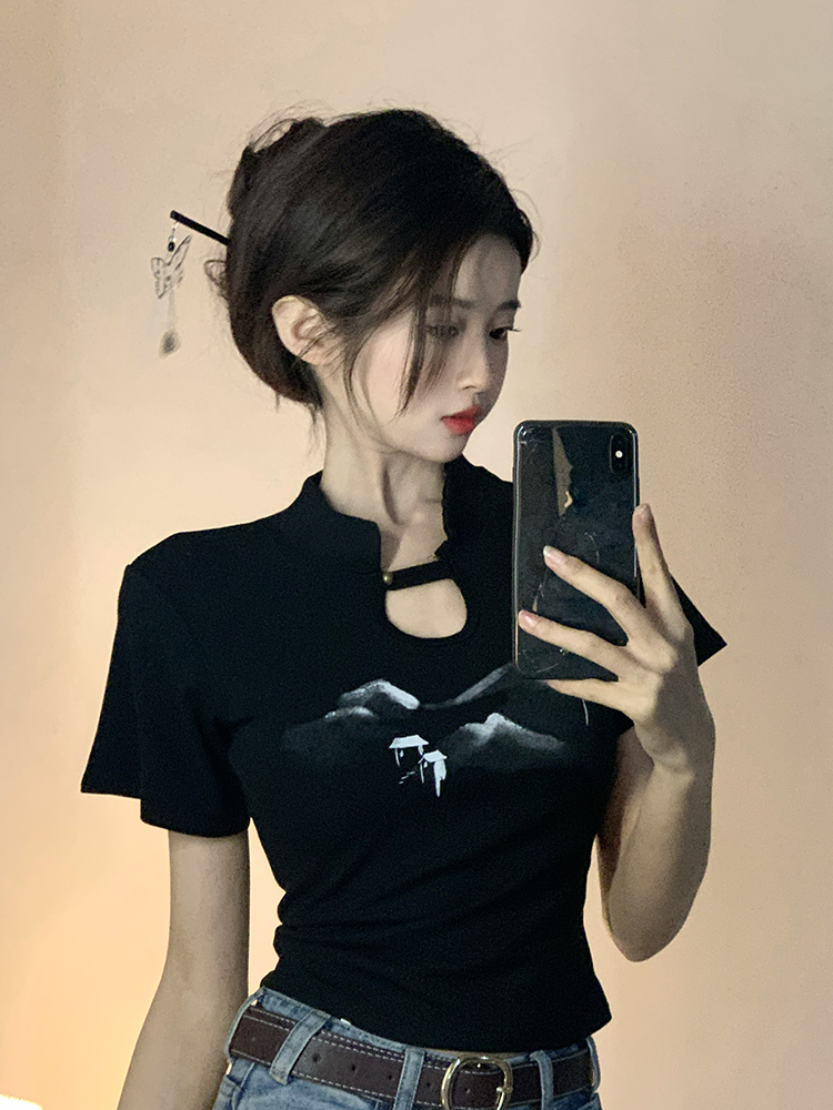 原創~實拍~國風系列~印花顯瘦修身短袖T恤女夏