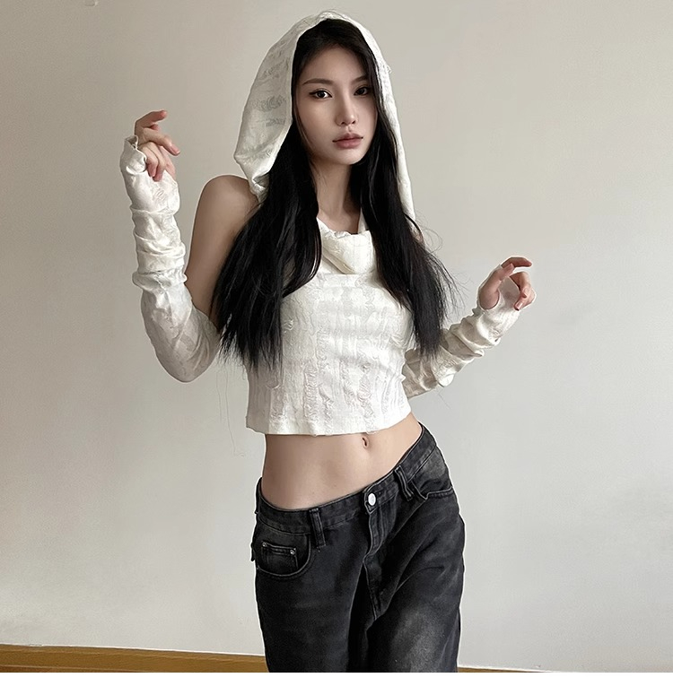 官圖 廢土風甜辣妹短款袖套上衣女春夏破洞背心連帽打底衫無袖T恤