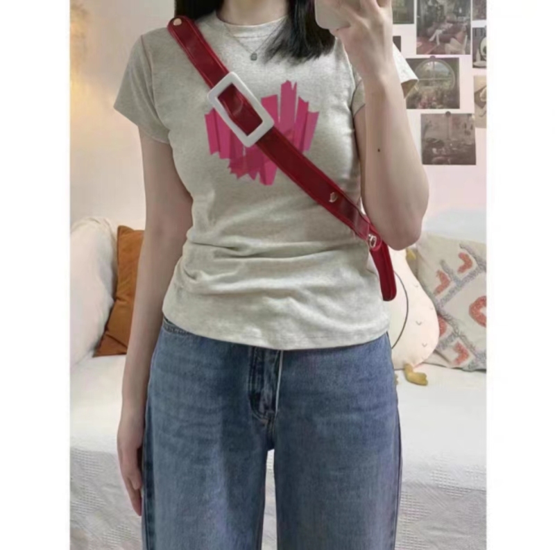 40支精梳羅紋純棉 正肩短袖t恤女夏季洋氣卡通印花小個子短款上衣