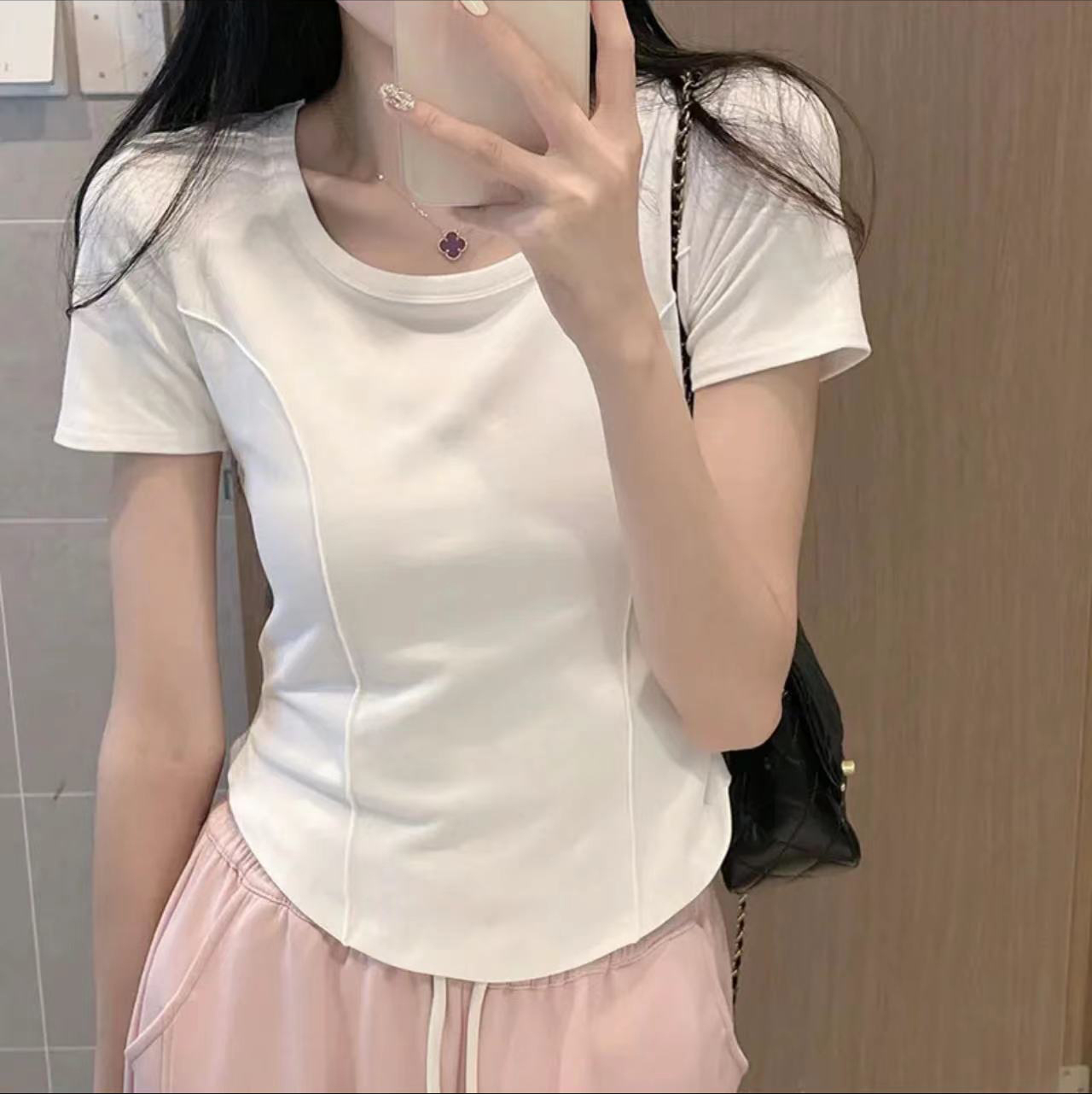 純棉正肩白色短袖t恤女夏季短款辣妹不規則修身收腰魚骨半袖上衣