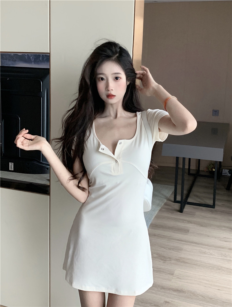實拍~辣妹連衣裙女夏季氣質小個子方領純欲風辣妹A字包臀短裙