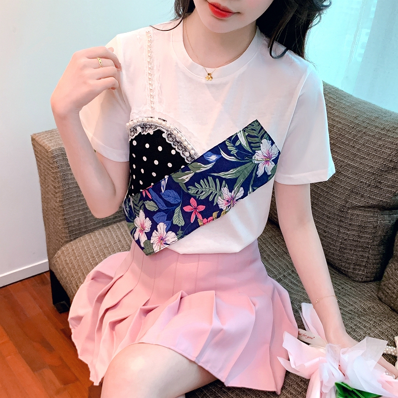 2024印花拼接短袖t恤女設計感女小眾時尚韓版寬鬆圓領上衣女
