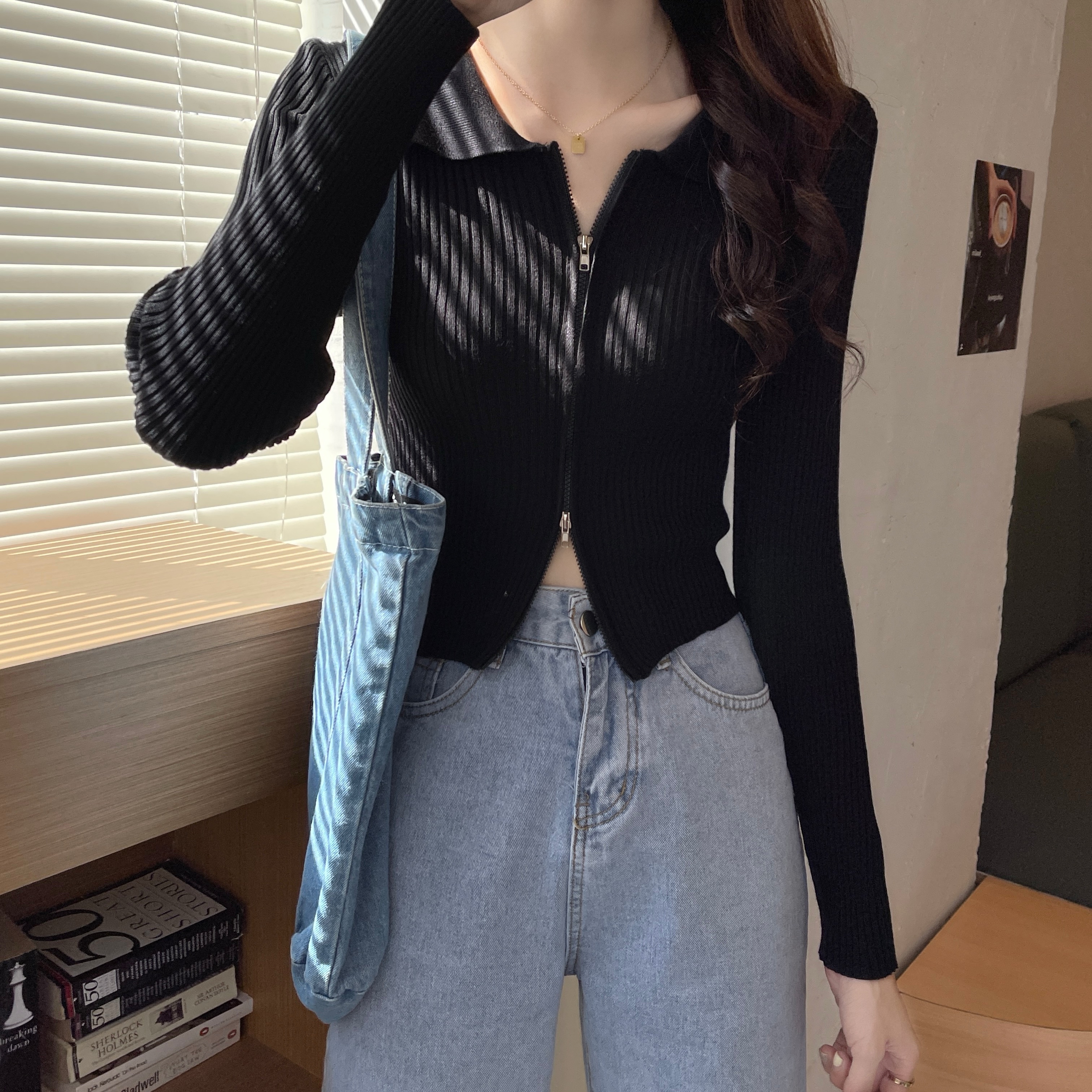 雙頭拉鏈翻領長袖針織開衫女短款外套