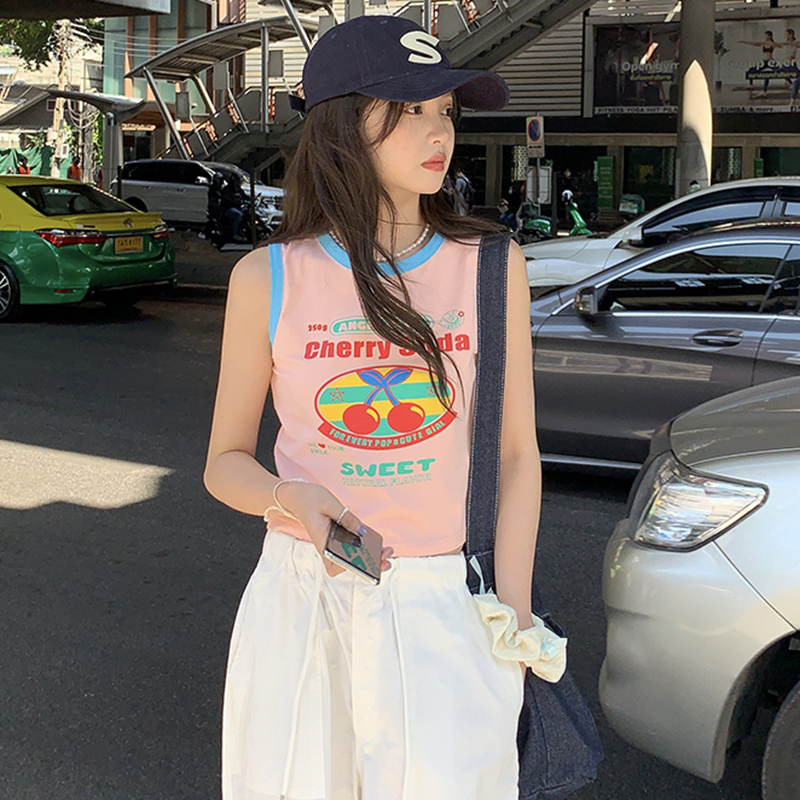 無袖上衣女多巴胺夏季設計感字母印花短款甜辣小背心潮流減齡百搭