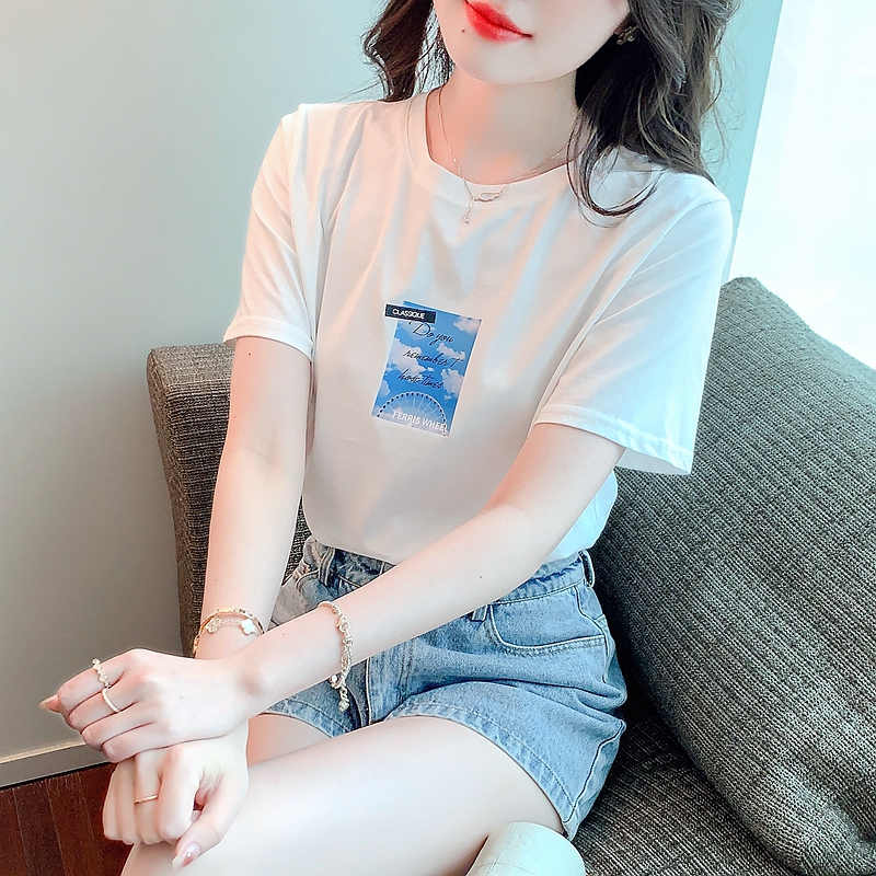 簡約t恤女2024夏新款內搭印花圓領短袖白色百搭涼感上衣夏