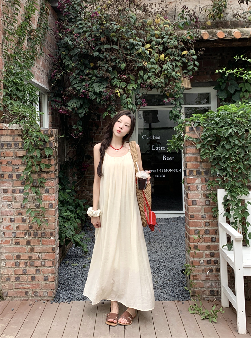 實拍~法式初戀吊帶連衣裙女夏海邊休閒度假寬鬆露背連衣裙