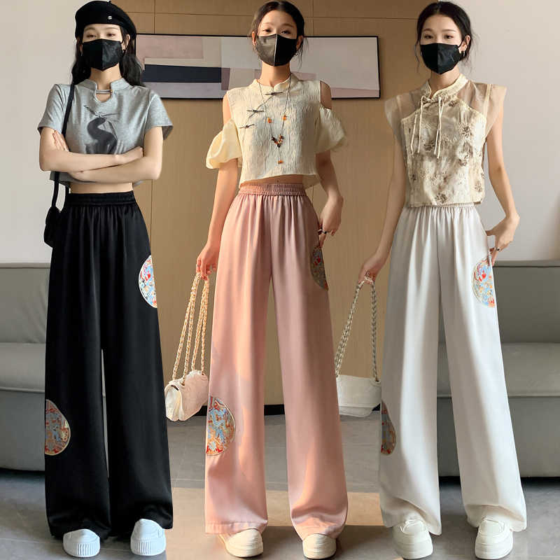 實拍新中式國風緞面刺繡闊腿褲女2024春夏高腰顯瘦直筒休閒拖地褲