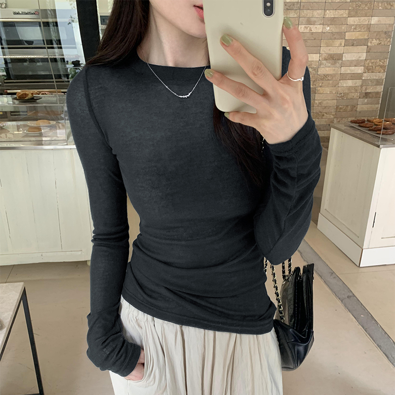實拍圖純欲風修身微透長袖T恤女2024春夏新款薄款氣質罩衫上衣