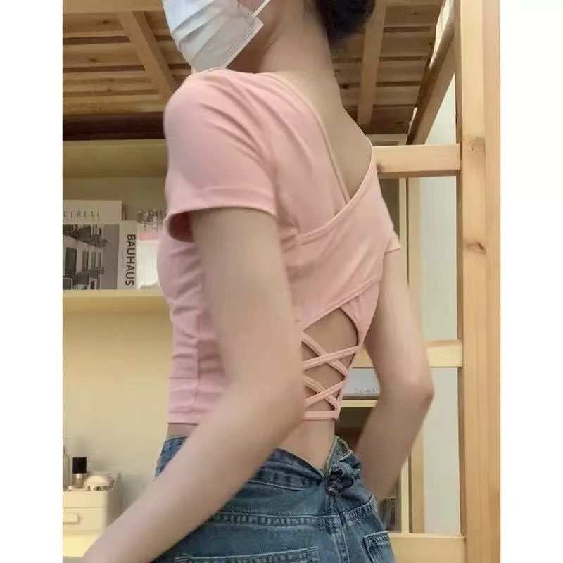 首發純棉羅紋短袖t恤女夏季短款顯瘦露背帶胸墊設計感百搭上衣潮