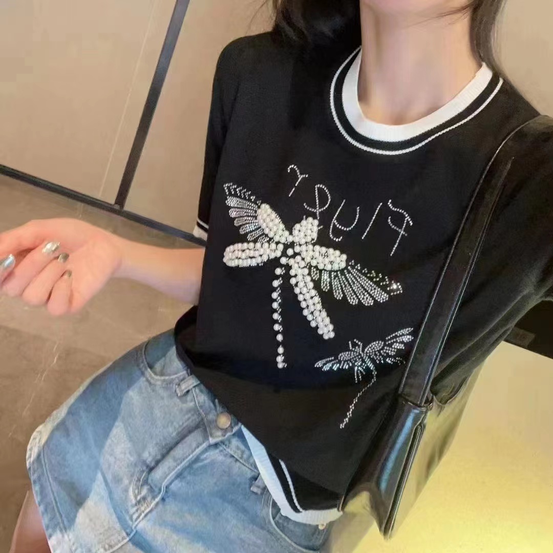 高級感重工釘珠撞色圓領針織衫設計感小眾蝴蝶結短袖上衣
