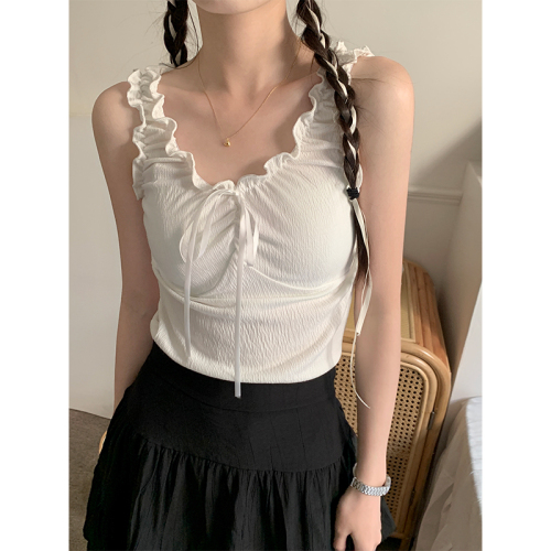 Real shot of hot girl pure desire pleated fungus side suspender top for women to wear spring and summer new style