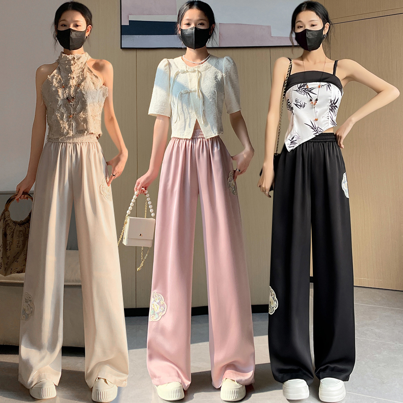 實拍新中式國風緞面刺繡闊腿褲女2024春夏新款高腰顯瘦休閒拖地褲