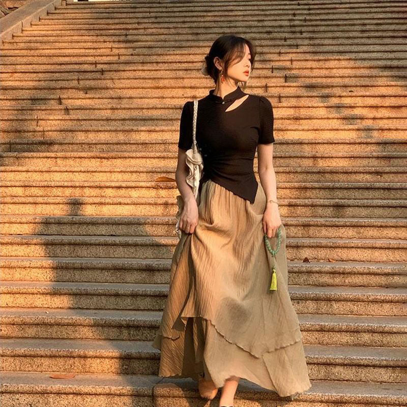 入畫江南新中式國風設計感提花上衣+高腰半身裙顯瘦兩件套女