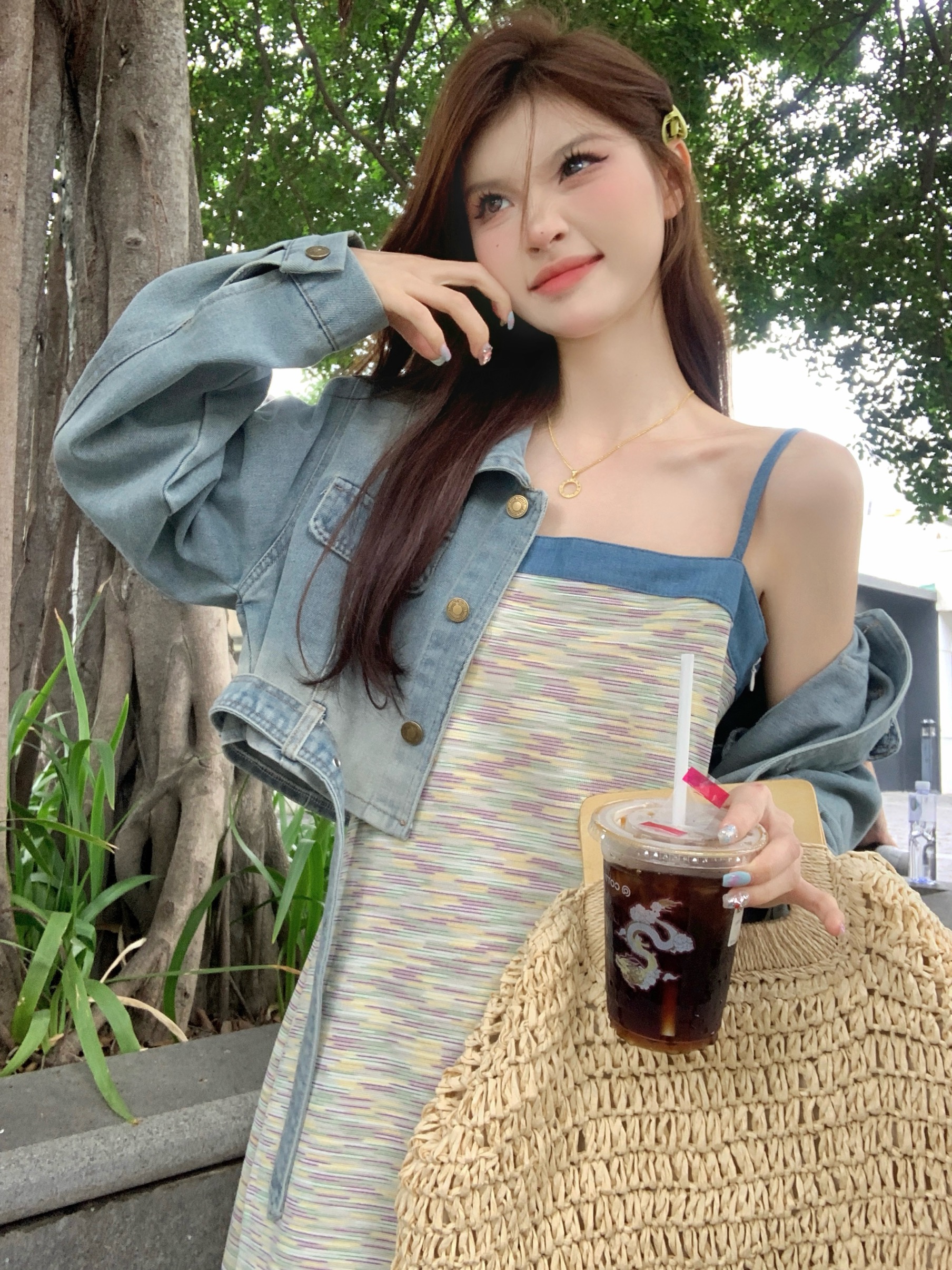 實拍 好質量~ 韓版修身顯瘦短款牛仔外套+吊帶連衣裙兩件套