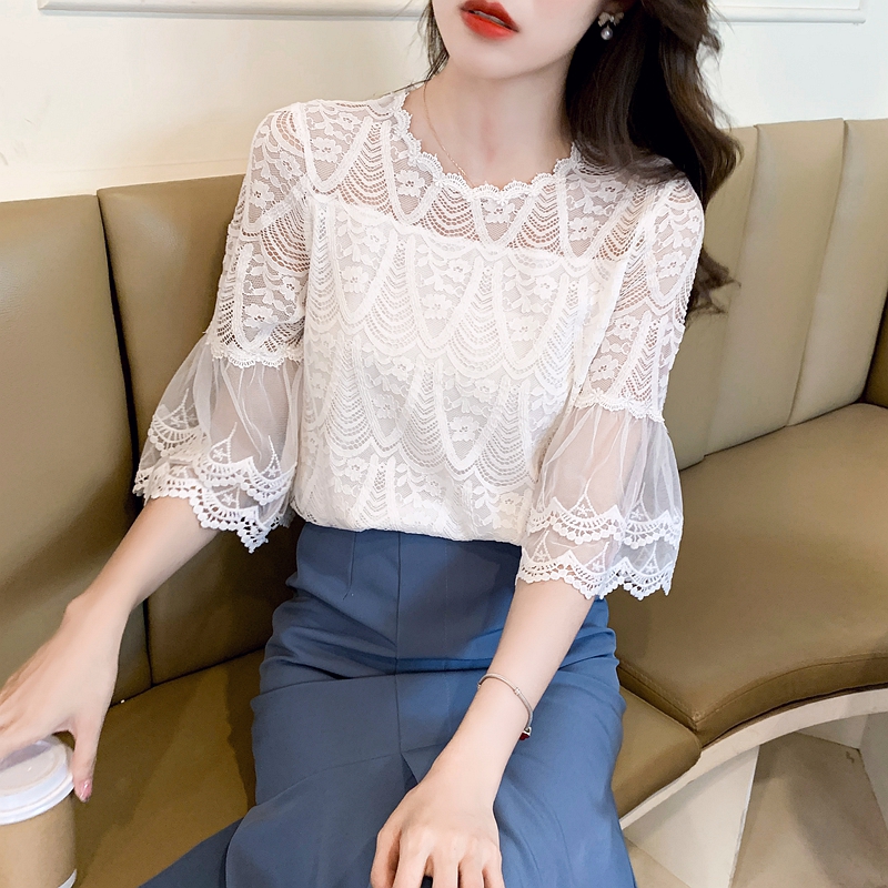 實拍2024夏季新款時尚洋氣鈎花鏤空蕾絲衫女設計感小眾雪紡上衣