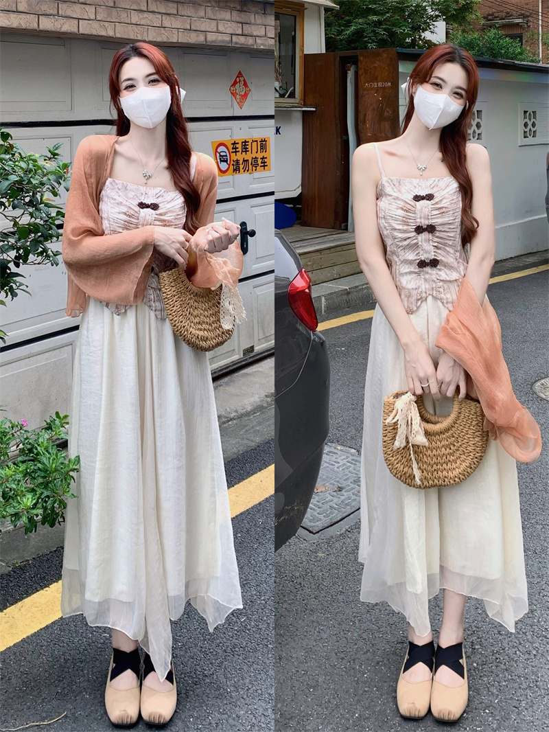 新中式盤扣收腰吊帶女長袖防曬開衫三件套網紗半身裙實拍