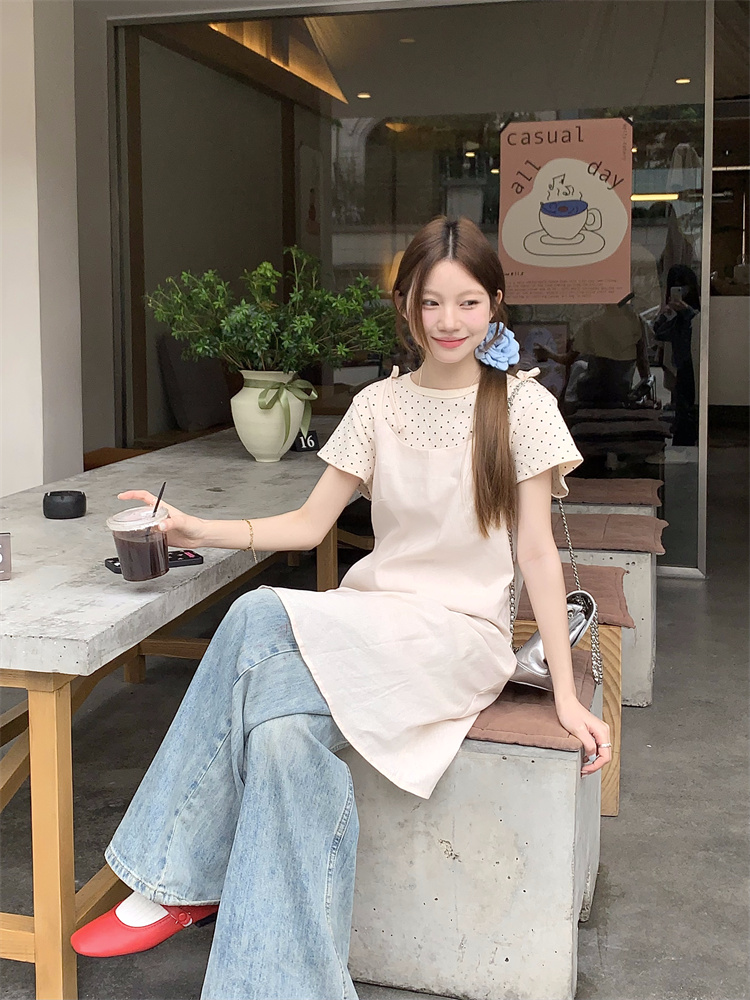 實拍！波點短袖圓領上衣外搭黑色吊帶連衣裙兩件套