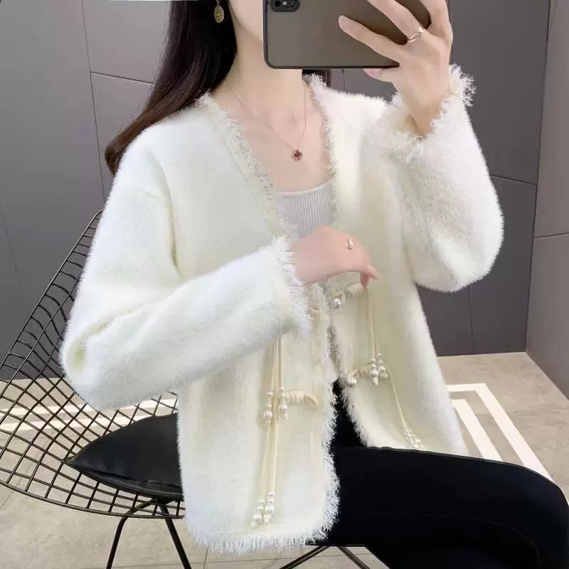 設計感小香風毛衣外套女秋冬仿水貂絨流蘇高級感針織開衫寬鬆上衣