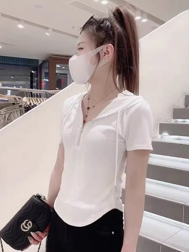 官圖  純滌新氨棉 夏裝連帽抽繩短袖T恤女修身純色
