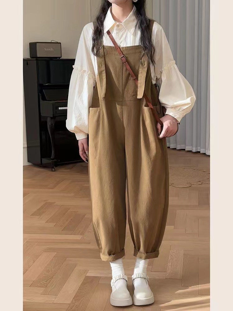 2024春季小個子學院風奶系穿搭春季白色襯衫背帶褲兩件套裝女