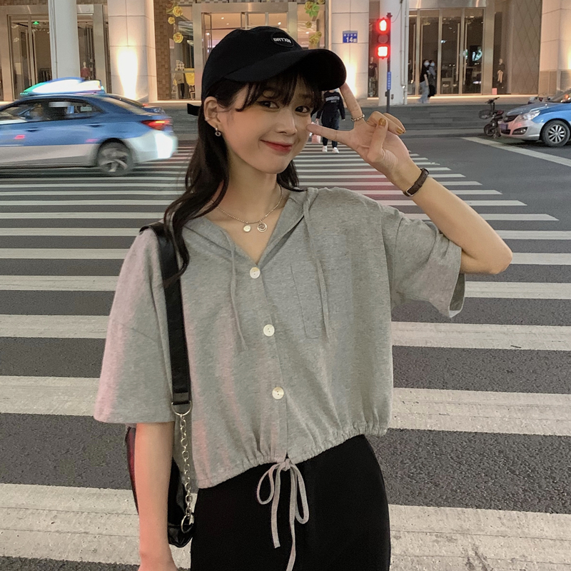 連帽T恤女裝學生2024新款顯瘦百搭短袖上衣