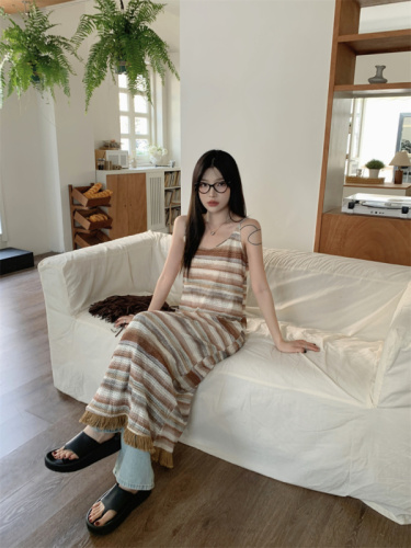 Real shot 2024 new retro striped knitted suspender dress tassel contrasting color A-line long skirt