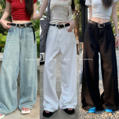 實拍 ~美式復古水洗闊腿牛仔褲女高腰顯瘦直筒垂感拖地長褲